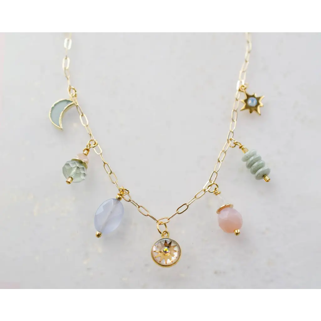 Zodiac air charm necklace with moon, star, pastel gems
