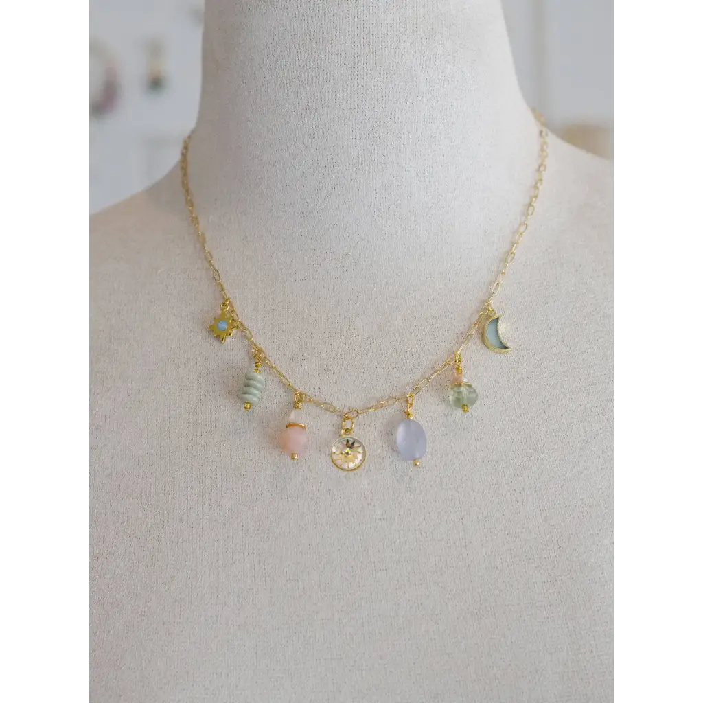 Zodiac air charm necklace with star moon pastel beads